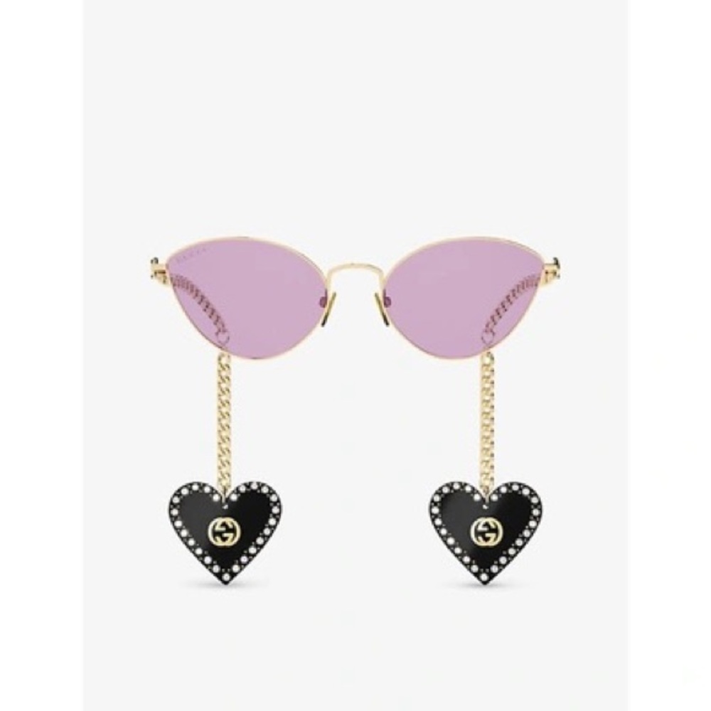 GUCCI CHAIN 0977 Gold Pink Crystal Heart Detachable Charm Sunglasses GG0977S 004